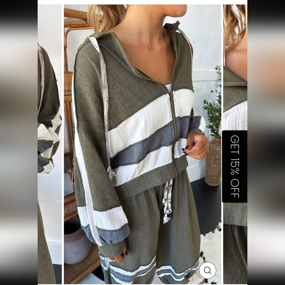 POL Colorblock Olive White Blue Striped 100% Cotton Zip Up Hoodie Boutique Boho - Picture 4 of 13